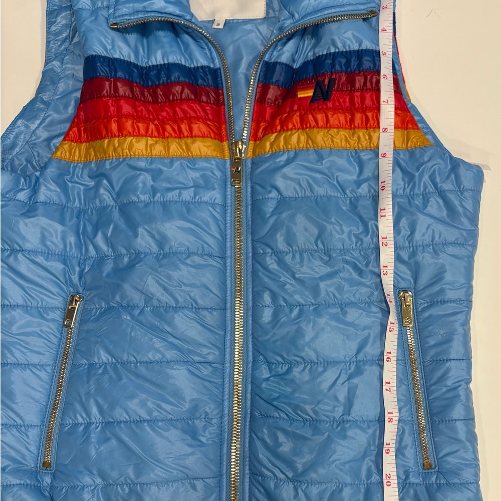 Aviator Nation Blue Vest with Red, Orange, and Yellow Stripes